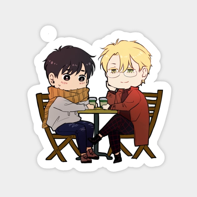 Banana Fish - Chibi Ash and Eiji at the Cafe Sticker by MykaAndSalmon